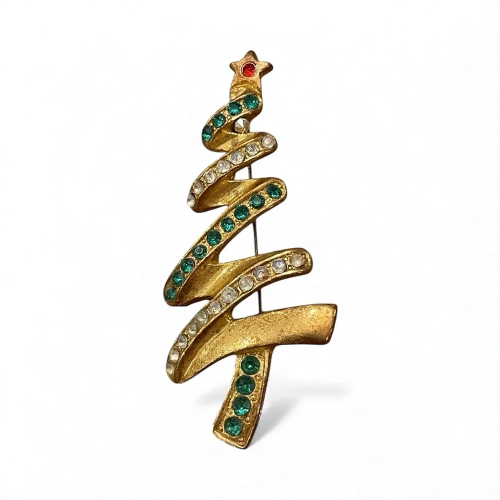 Vintage Christmas Tree Brooch Gold Tone Colorful‎ Rhinestones Art Deco Retro 2”+